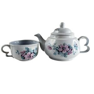 County Line Ceramics Gray Ceramic Floral Tea Set Country Chic Teapot Lid W/ Mug